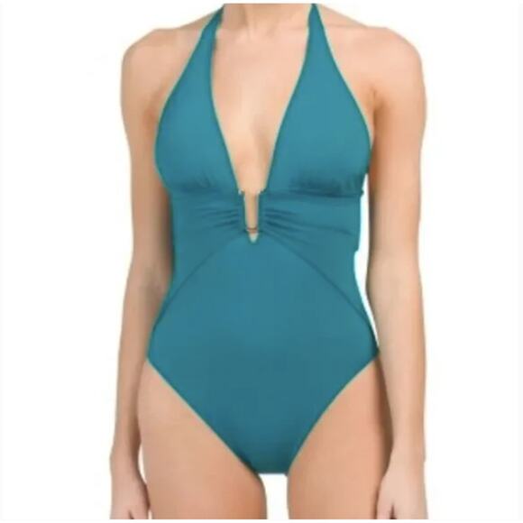 NWT Vince Camuto Swimsuit Halter Plunge Deep V One Piece Aqua Green Size 10 - Picture 3 of 11